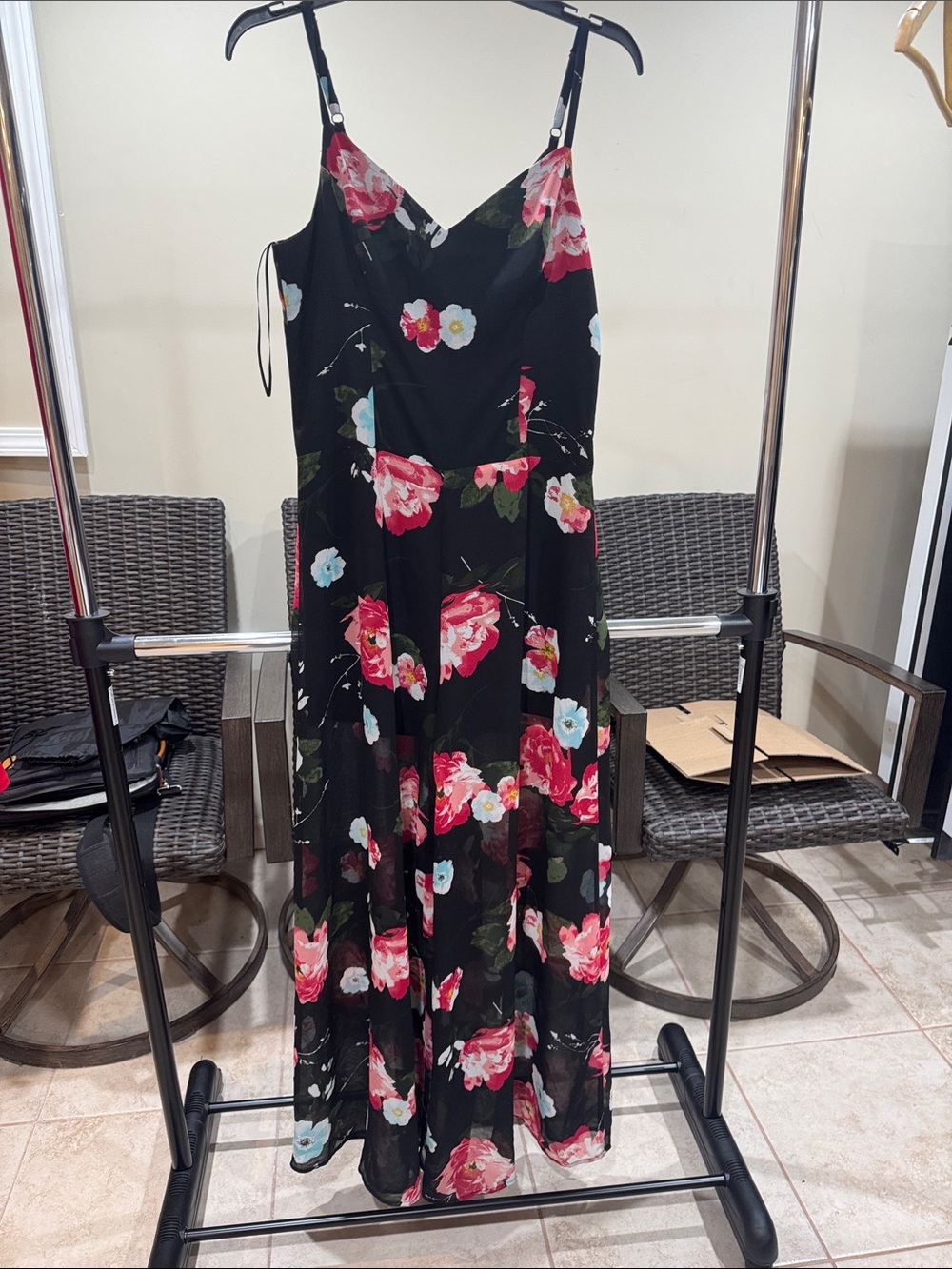 Black Floral V-Neck One Piece with Pink Bloom
